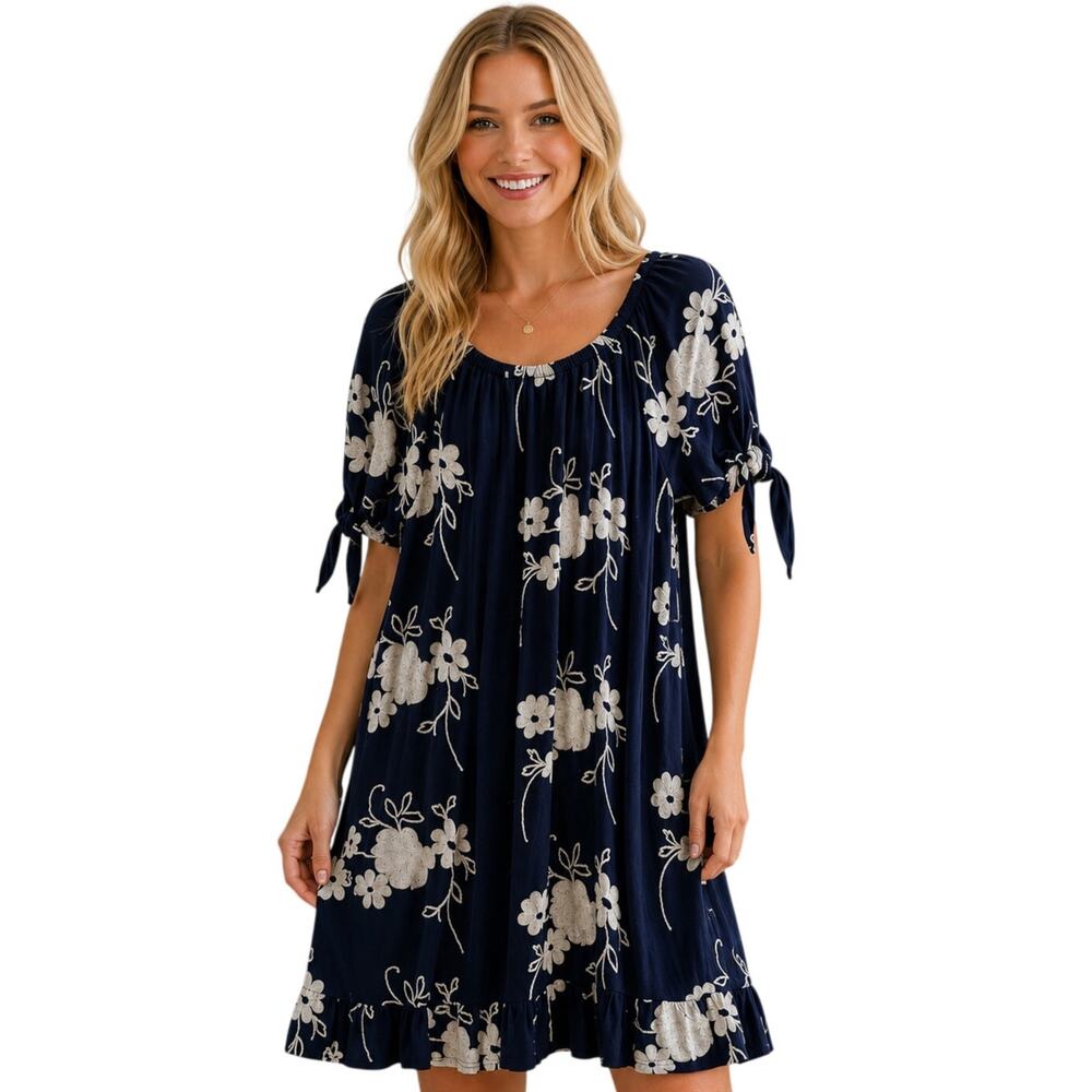 LIV Los Angeles Embroidered Dress Womens Large Blue Floral Boho Off Shoulder
